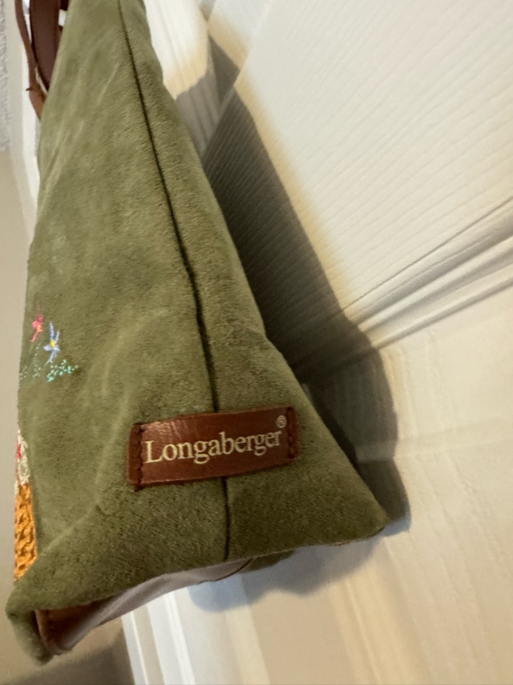 Longaberger Olive Suede Tote Bag with Embroidered Picnic Design - Picture 2 of 4